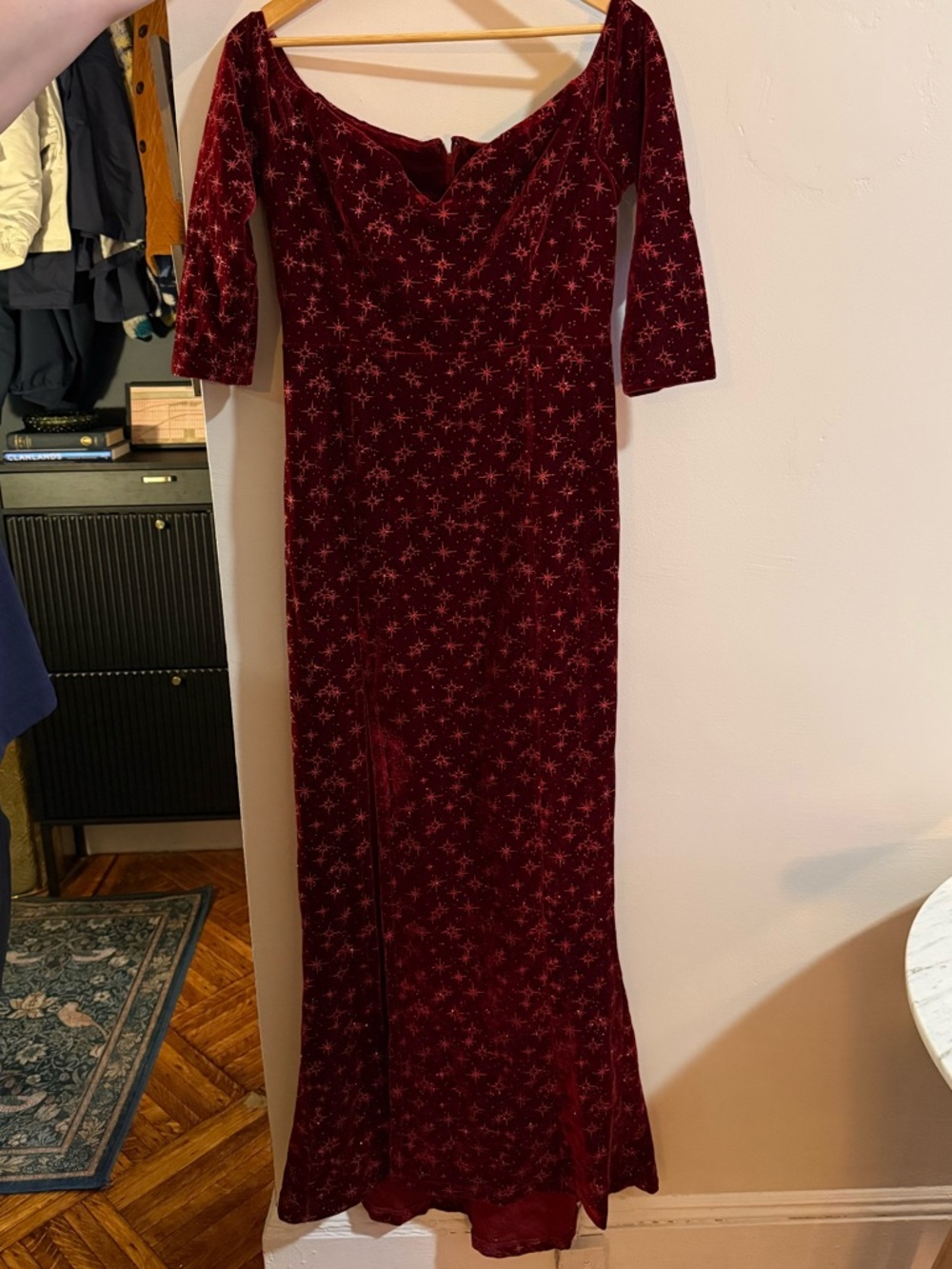 Collectif Burgundy Velvet Off-Shoulder Maxi Dress with Star Motif